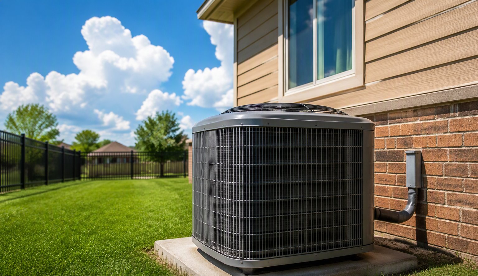 Outdoor AC condenser beside a home on a hot summer day