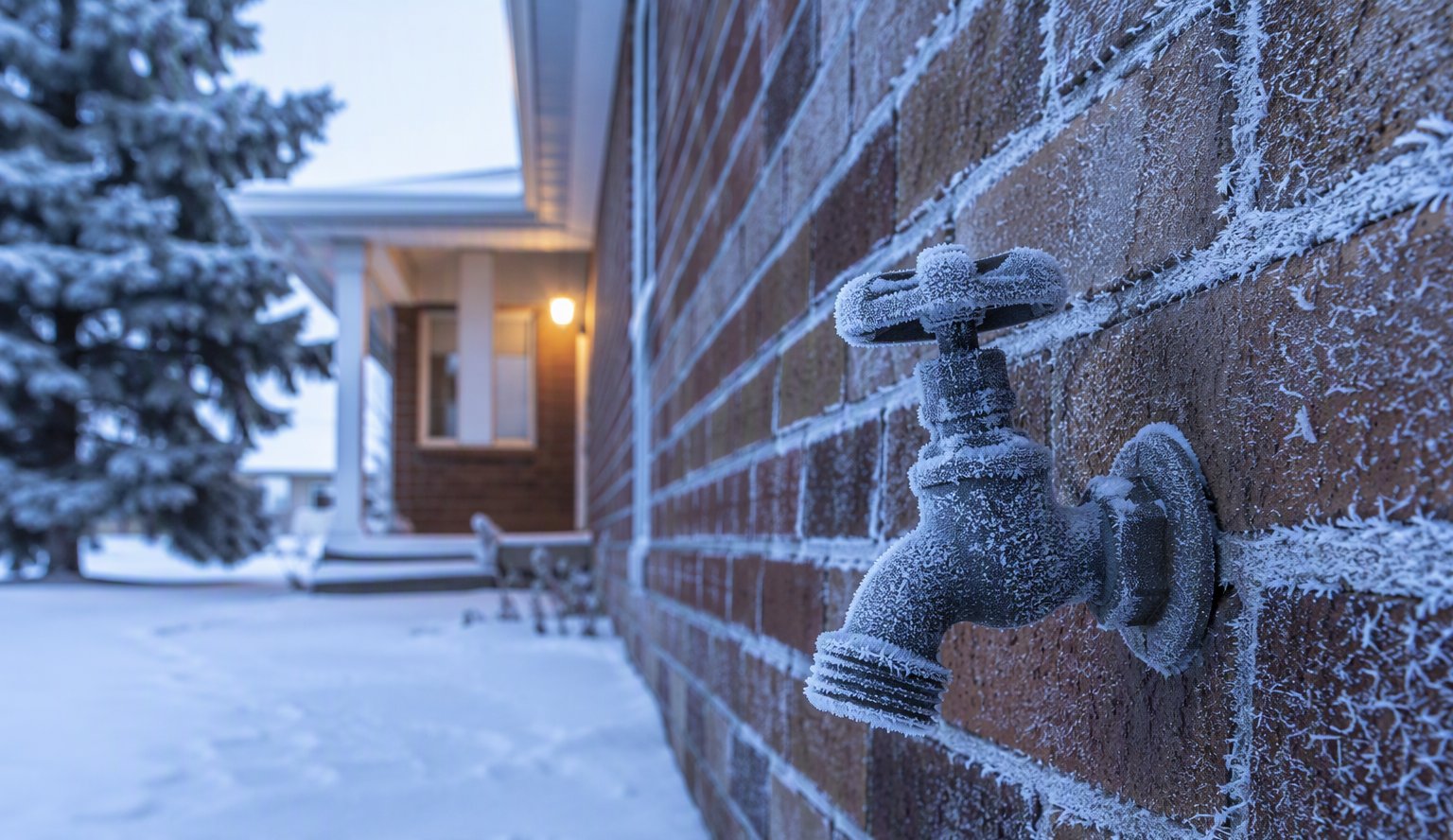 Frost-covered outdoor spigot on a brick home during a hard freeze