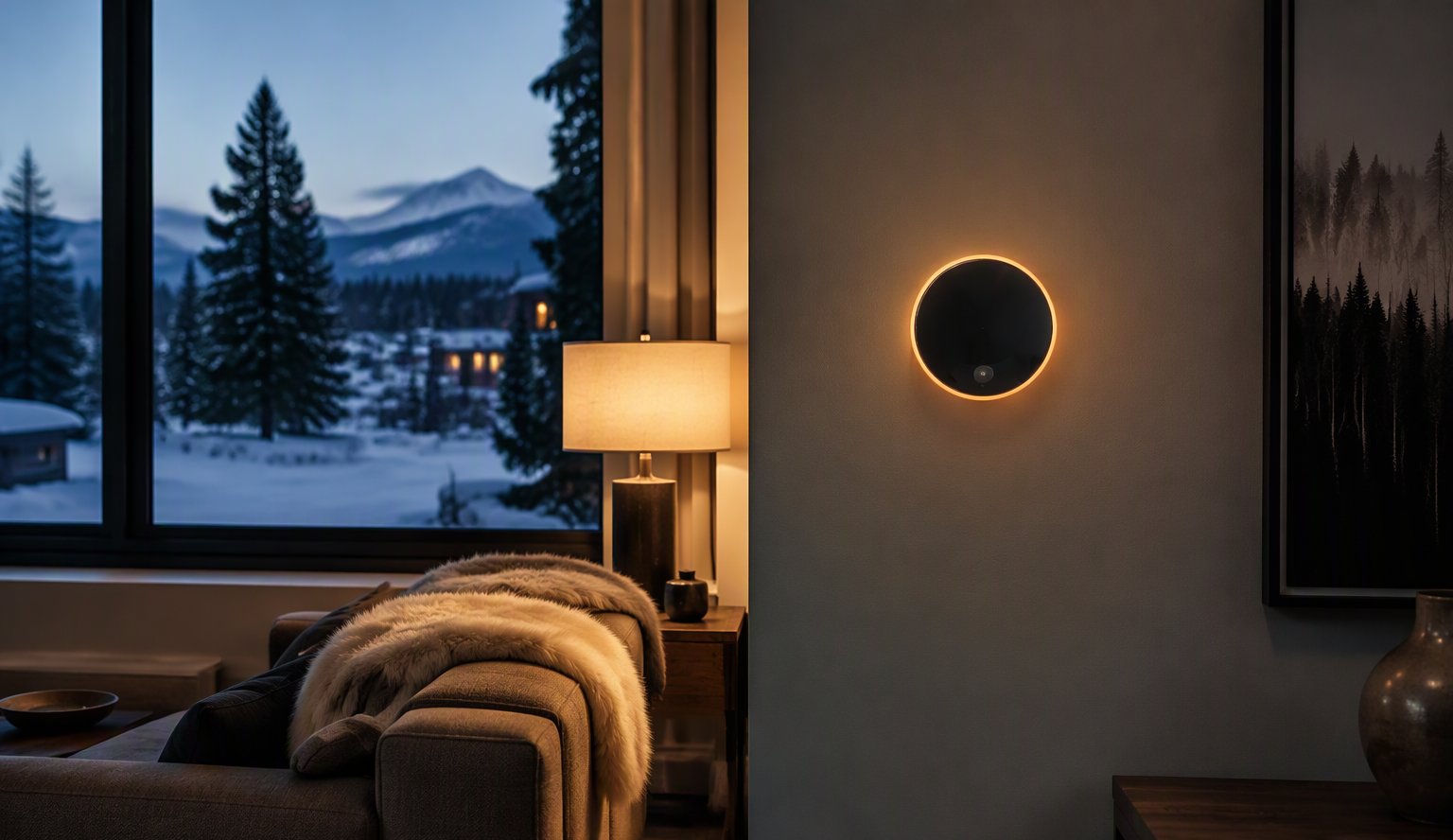 Warm living room at dusk with snow outside the window