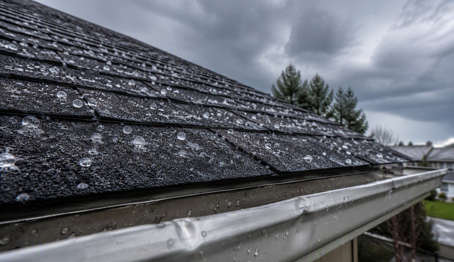 Hailstones scattered on asphalt shingles above a dented gutter