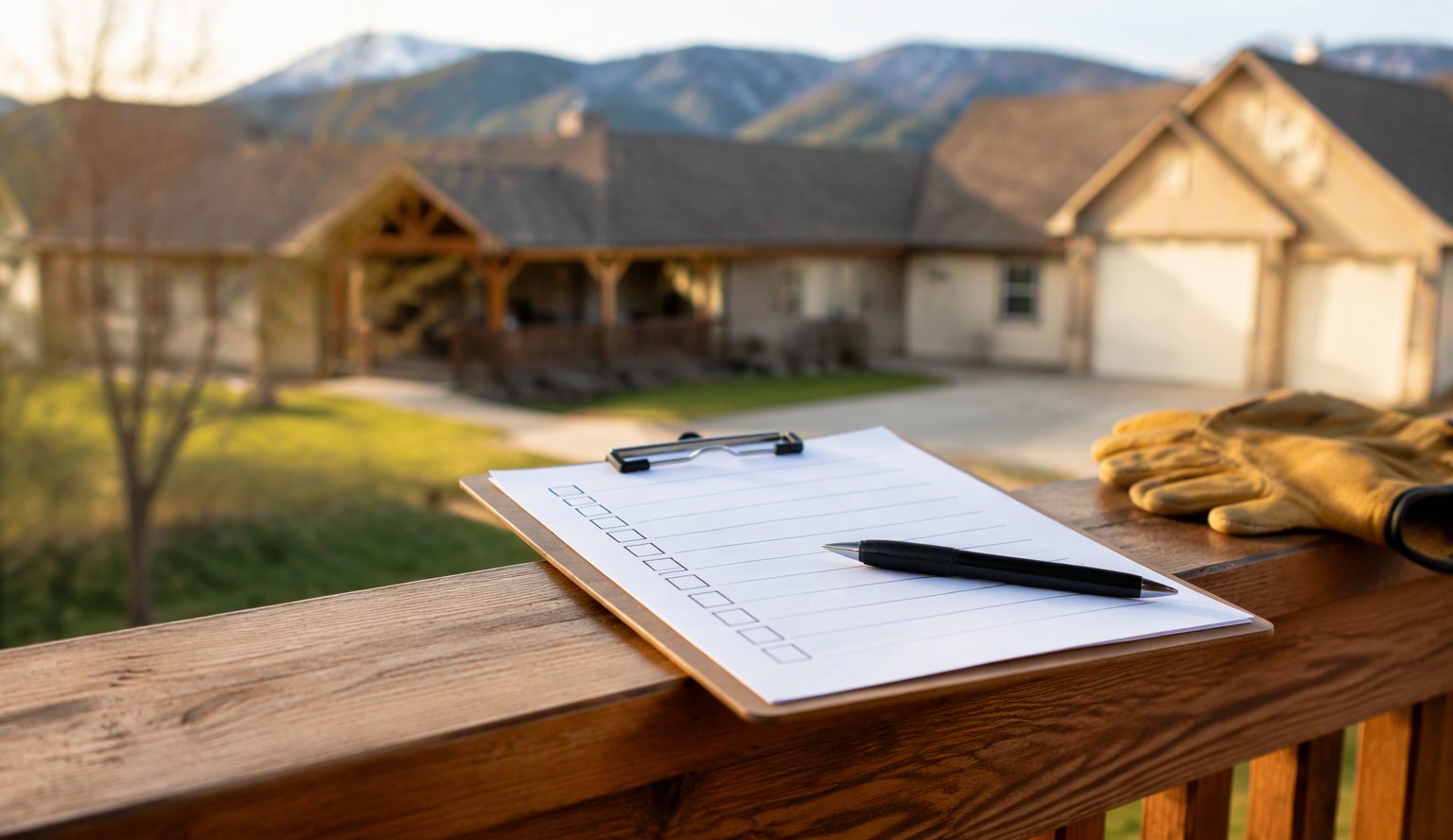 Clipboard with a blank checklist and work gloves on a porch rail